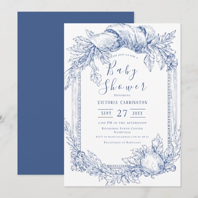 Invitation Baby shower d'aquarelle Vintage bleu (Devant / Derrière)