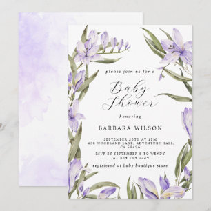 Invitation Baby shower d'aquarelle violet de végétation fleur