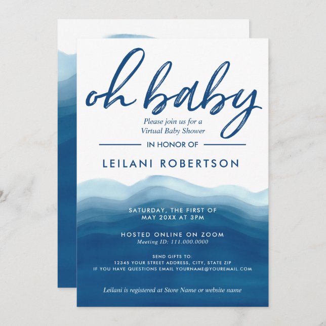 Invitation Baby shower d'aquarelle Virtual Oh Baby Blue Ombre (Devant / Derrière)