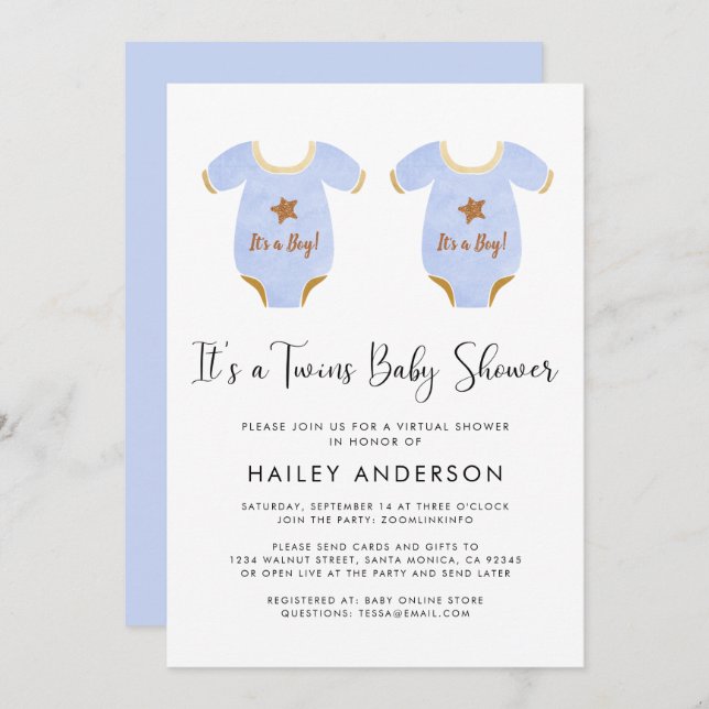 Invitation Baby shower d'aquarelle Virtual Twin Boys (Devant / Derrière)