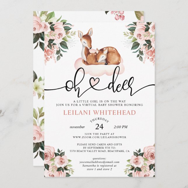 Invitation Baby shower d'aquarelle virtuelle Oh Deer Floral (Devant / Derrière)