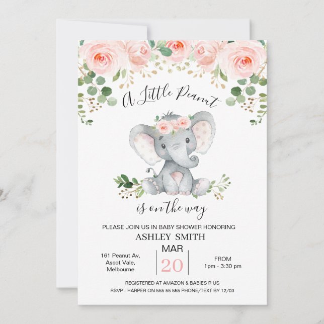 Invitation  Baby shower d'arachide rose fleurie (Devant)