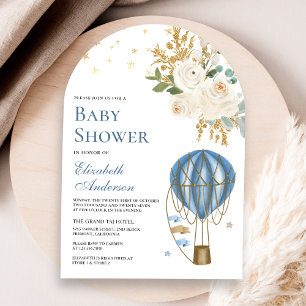 Invitation Baby shower d'arc à ballon à air chaud bleu vintag