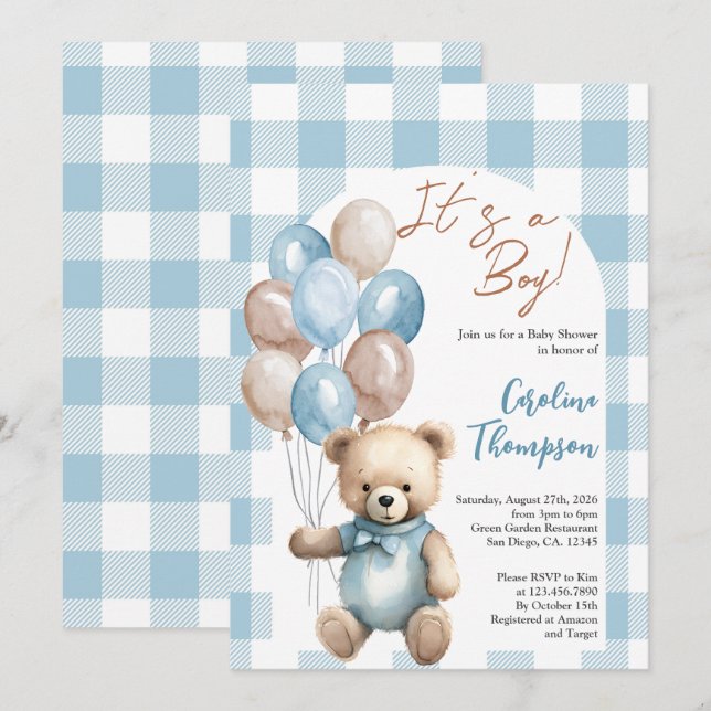 Invitation Baby shower d'arc bleu plaid Teddy Bear Boy (Devant / Derrière)