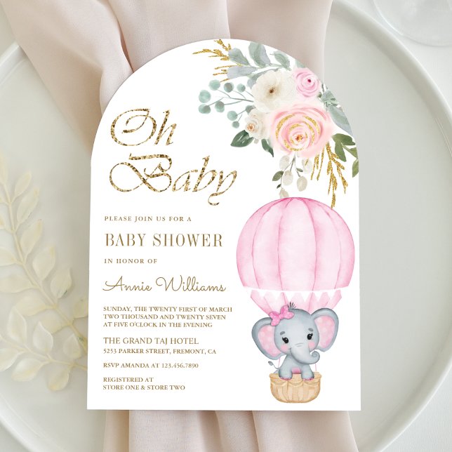 Invitation Baby shower d'arc d'éléphant rose à air chaud (Créateur téléchargé)