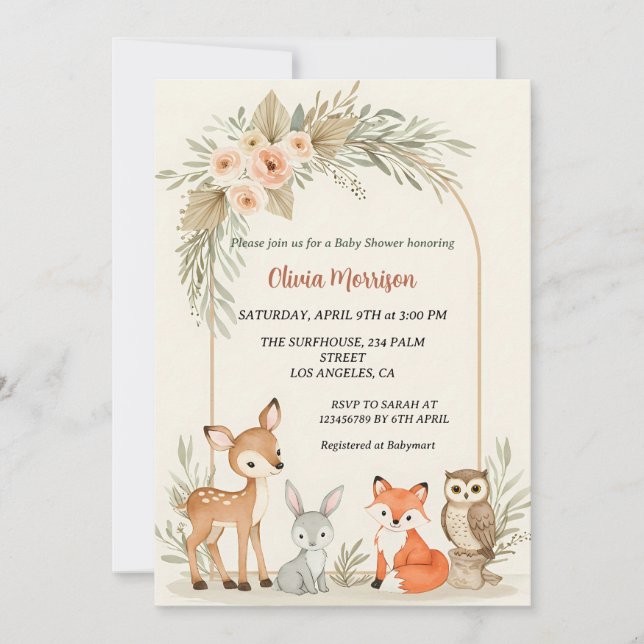 Invitation Baby shower d'arc floral cerf, lapin, renard et hi (Devant)