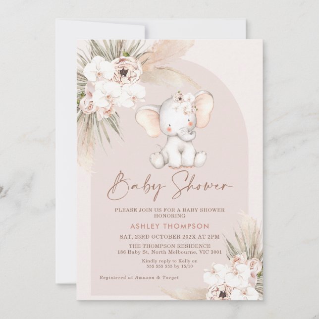 Invitation Baby shower d'arc floral de Boho Eléphant mignon (Devant)