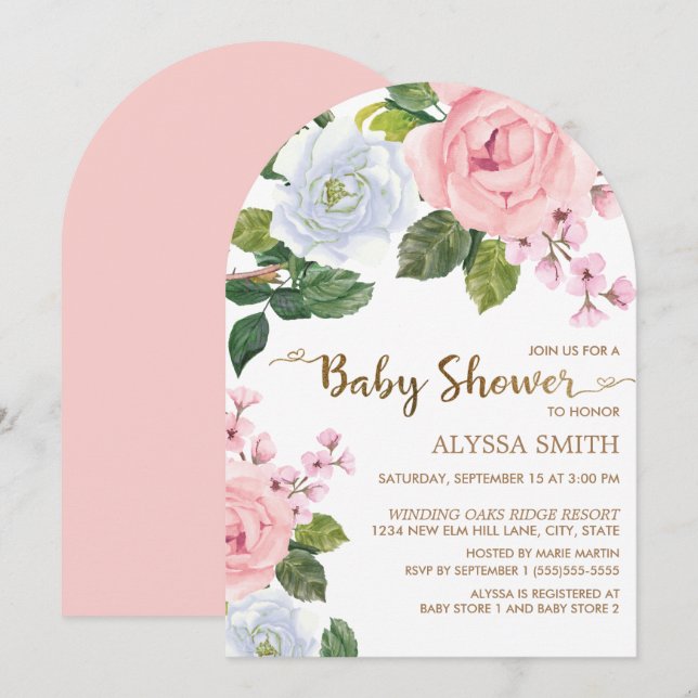 Invitation Baby shower d'arc Rose rose blanc (Devant / Derrière)