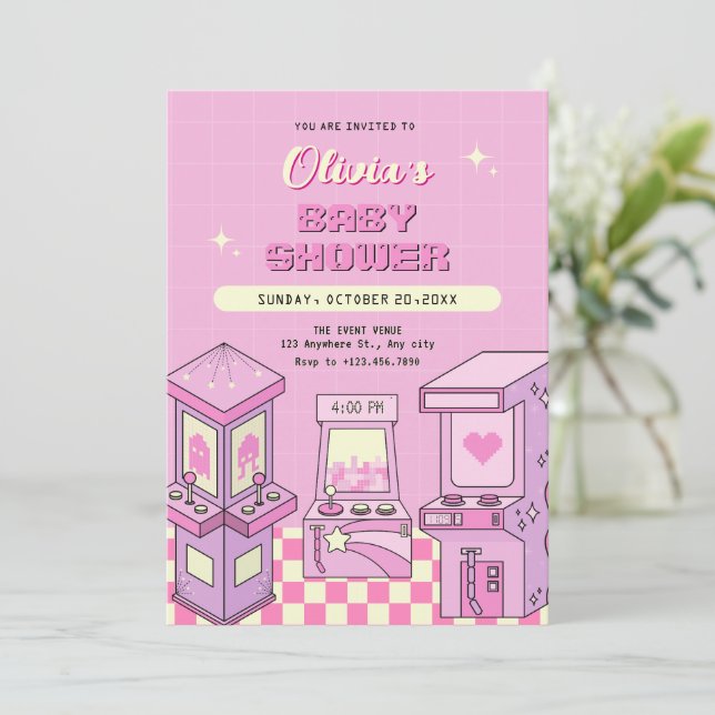 Invitation Baby shower d'arcade de jeu rose (Debout devant)