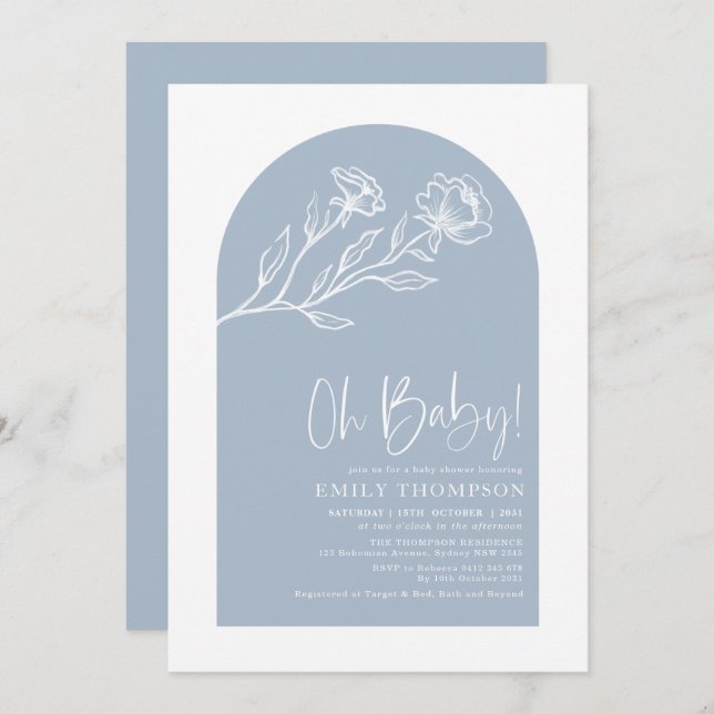 Invitation Baby shower d'arche botanique bleu foncé moderne (Devant / Derrière)