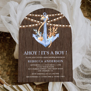 Invitation Baby shower d'arche d'Ancre marine en bois rustiqu