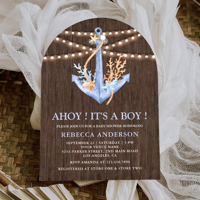 Invitation Baby shower d'arche d'Ancre marine en bois rustiqu (Créateur téléchargé)