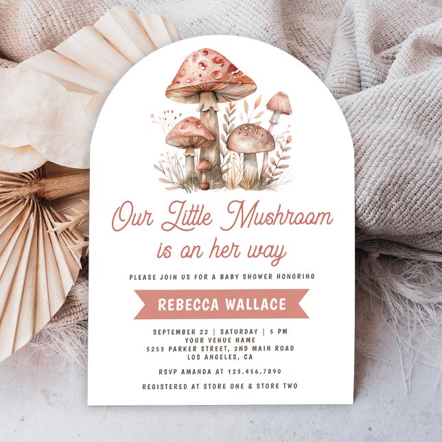 Invitation Baby shower d'arche de champignon rose de la forêt (Créateur téléchargé)