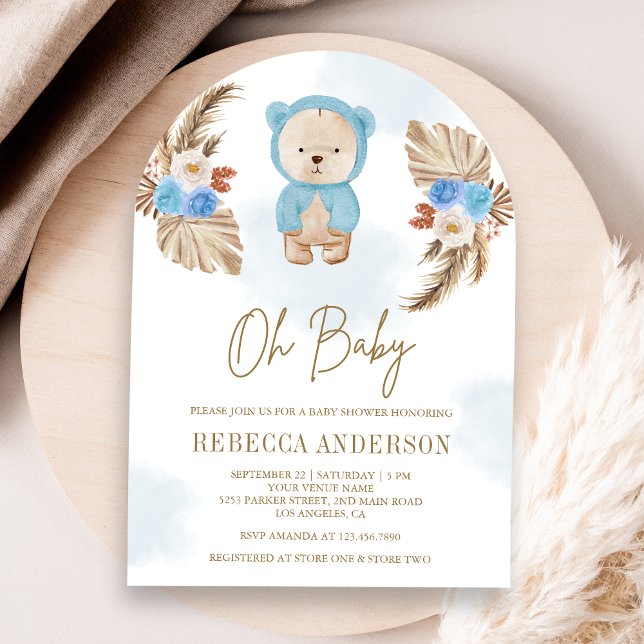 Invitation Baby shower d'arche d'ours en peluche bleu Floral  (Créateur téléchargé)