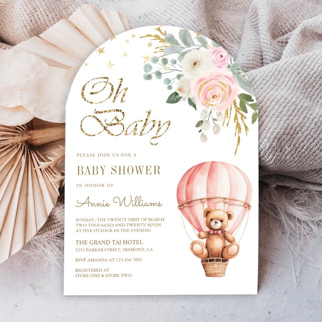 Invitation Baby shower d'arche d'ours en peluche rose à air c (Créateur téléchargé)
