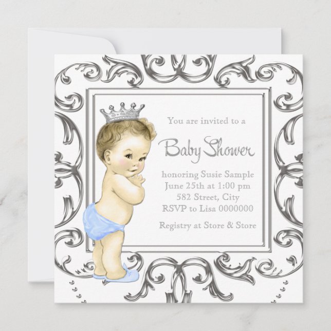 Invitation Baby shower d'argent et de prince bleu (Devant)