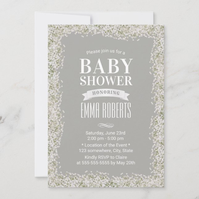 Invitation Baby shower d'argent fleuri pour bébé rustique (Devant)