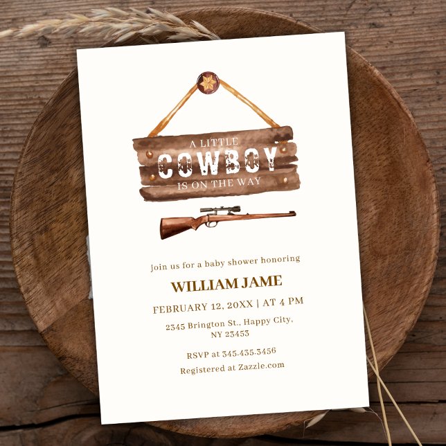 Invitation Baby shower d'armes à canon blanc en bois neutre (Neutral Wooden Wild West Cowboy Gun Baby Shower Invitation)