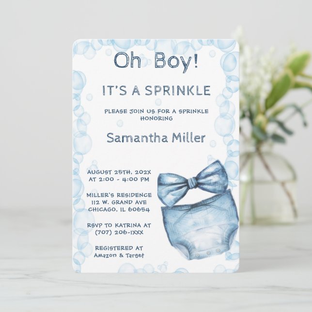 Invitation Baby shower d'arrosage bleu modifiable (Debout devant)