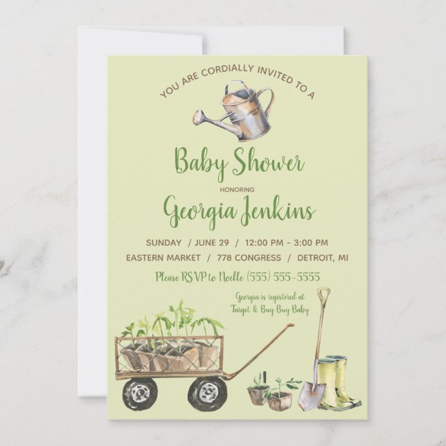 Invitation Baby shower d'arrosage de jardin de printemps (Devant)