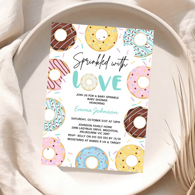Invitation Baby shower d'arrosage pour bébés beignes multicol (Multicolored Gender Neutral Sprinkled with Love Baby Shower Invitation Baby Sprinkles Invite Donuts)
