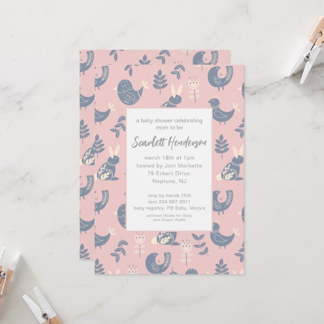 Invitation Baby shower d'art populaire de style scandinave In (Devant/Arrière en situation)