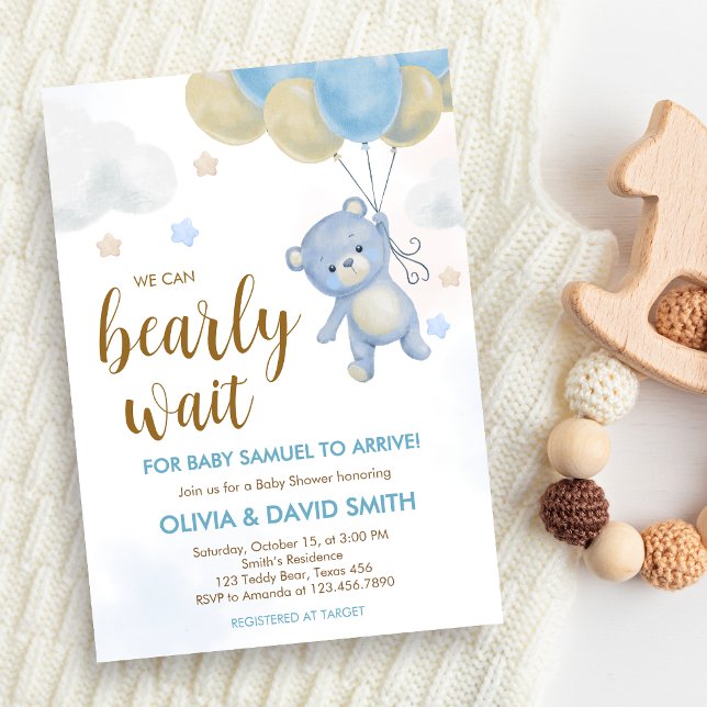Invitation Baby shower d'attente de l'ours (Blue We Can Bearly Wait Bear Balloons Baby Shower Invitation)