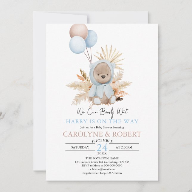 Invitation Baby shower d'attente de l'ours en peluche du garç (Devant)