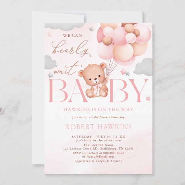 Invitation Baby shower d'attente de l'ours en peluche rose (Devant)
