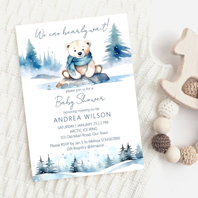 Invitation Baby shower d'attente hivernale de l'ours polaire (Polar bear winter bearly wait baby shower editable template invitation digital download cute teddy)