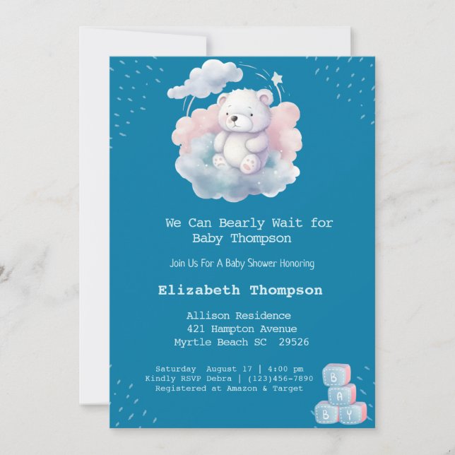 Invitation Baby shower d'attente précoce du nuage d'ours en p (Devant)