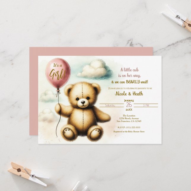 Invitation Baby shower d'attente rapide de l'ours en peluche  (Devant/Arrière en situation)