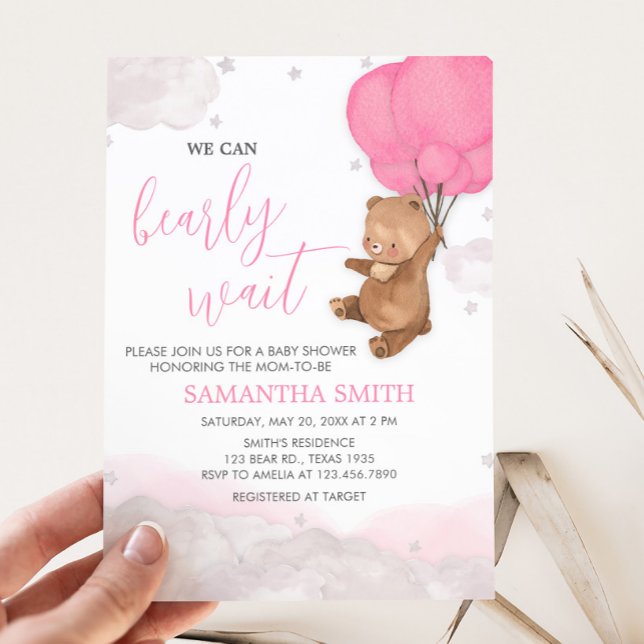 Invitation Baby shower d'attente rose (Pink Bearly Wait Balloon Baby Shower Invitation
)