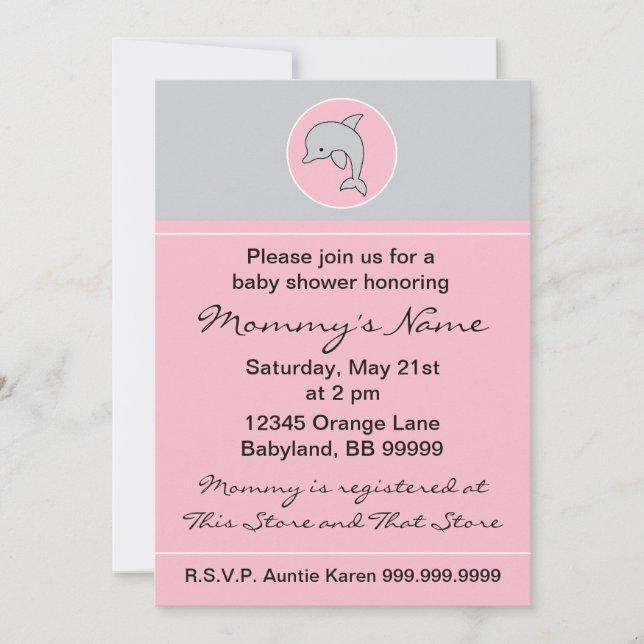 Invitation baby shower. Dauphin rose. 12,7 cm x 17 (Devant)