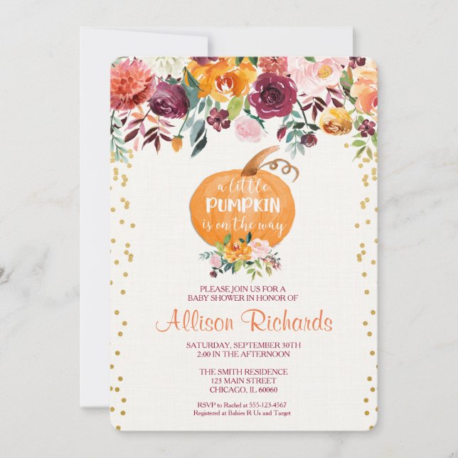 Invitation baby shower d'automne, baby shower citrouille (Devant)