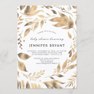 Invitation Baby shower d'automne blanc et or Feuille Laurel