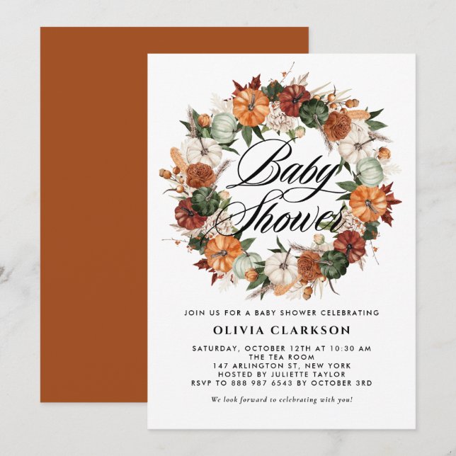 Invitation Baby shower d'automne Boho Citrouilles Wreath (Devant / Derrière)