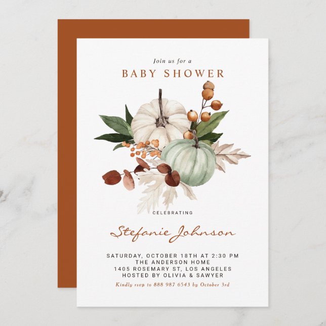 Invitation Baby shower d'automne Boho Sage Green Citrouilles (Devant / Derrière)