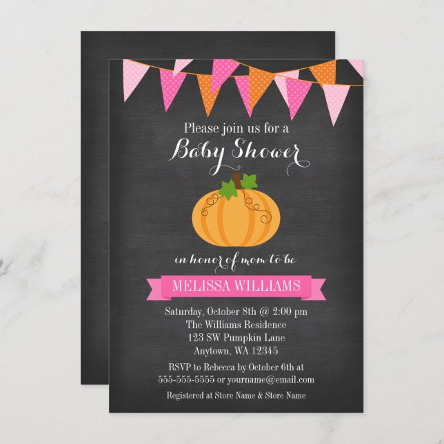 Invitation Baby shower d'automne Citrouille Chalkboard Buntin (Devant / Derrière)