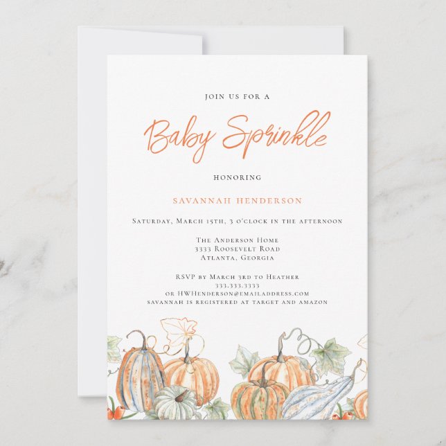 Invitation Baby shower d'automne Citrouille d'arrosage (Devant)