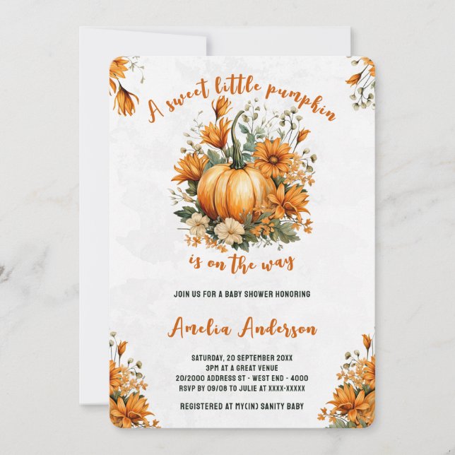 Invitation Baby shower d'automne Citrouille doux aquarelle (Devant)