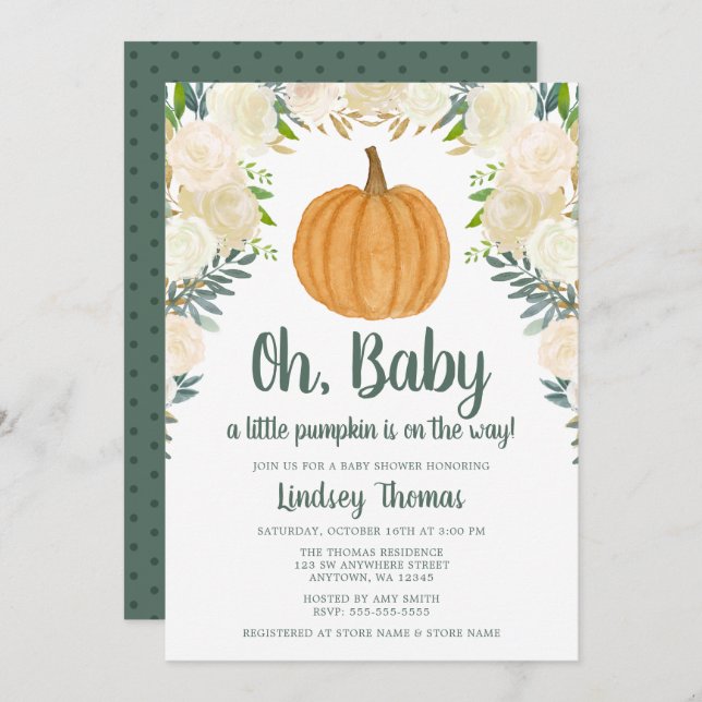 Invitation Baby shower d'automne Citrouille fleuri vert (Devant / Derrière)