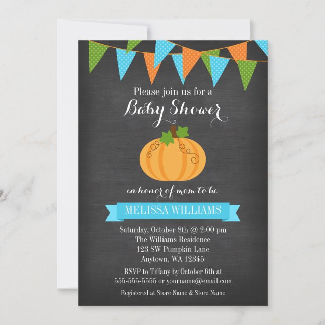 Invitation Baby shower d'automne de Chalkboard Citrouille Bun (Devant)