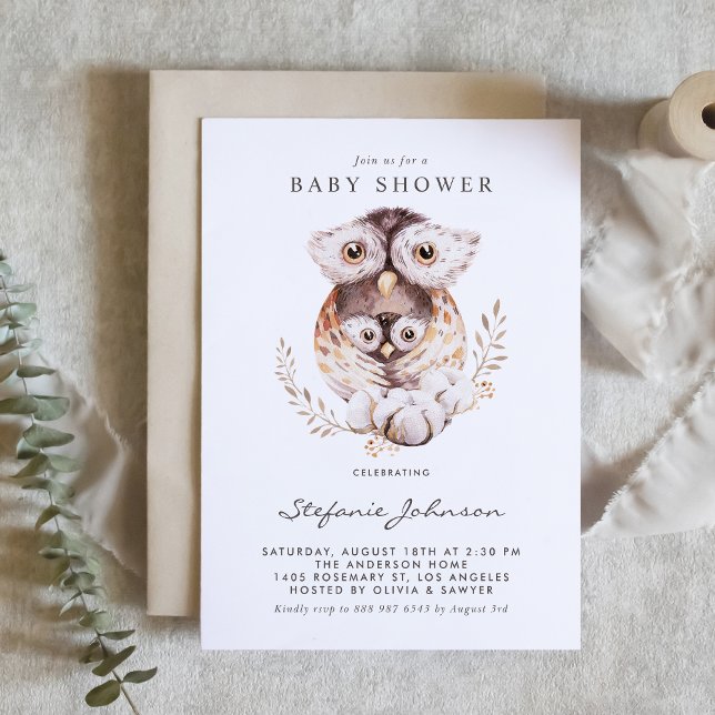 Invitation Baby shower d'automne de la Chouette et de la mama (Woodland baby shower invitation featuring watercolor mommy and baby owls and boho foliage.)