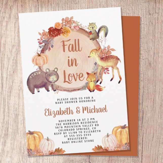 Invitation Baby shower d'automne des animaux rustiques en boi (Celebrate the upcoming arrival of your sweet little autumn baby with a cute baby shower invitation
)