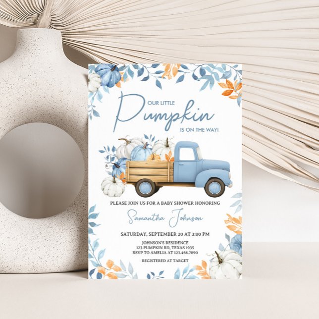 Invitation Baby shower d'automne du petit Citrouille Blue Tru (Blue Little Pumpkin Truck Fall Baby Shower Invitation)