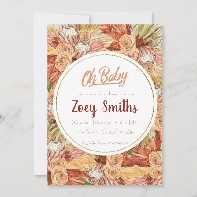 Invitation Baby Shower d'automne Fleurs des Pampas (Devant)
