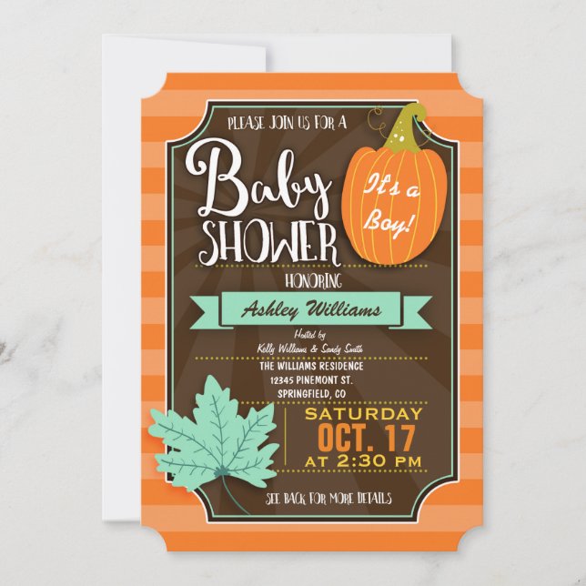 Invitation Baby shower d'automne ou d'Halloween Brown et oran (Devant)