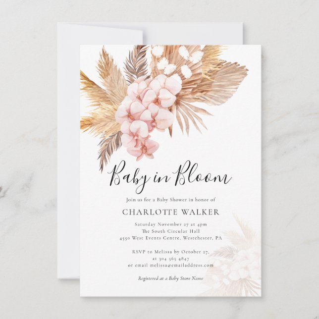 Invitation Baby shower d'automne Pampas Grass rose Floral (Devant)
