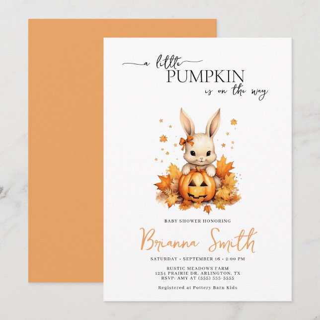 Invitation Baby shower d'automne pour bébé lapin petit Citrou (Devant / Derrière)